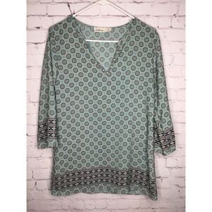 Anthropologie My Beloved Tunic Boho Green‎ Top Silky V-neck Size Small